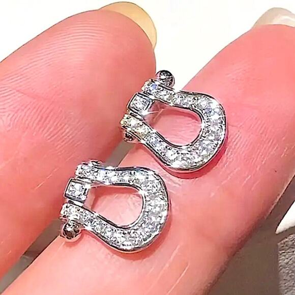 Sterling Silver Zircon Horseshoe Earrings, Stud, Horse bit, Snaffle, D Ring - Picture 1 of 4